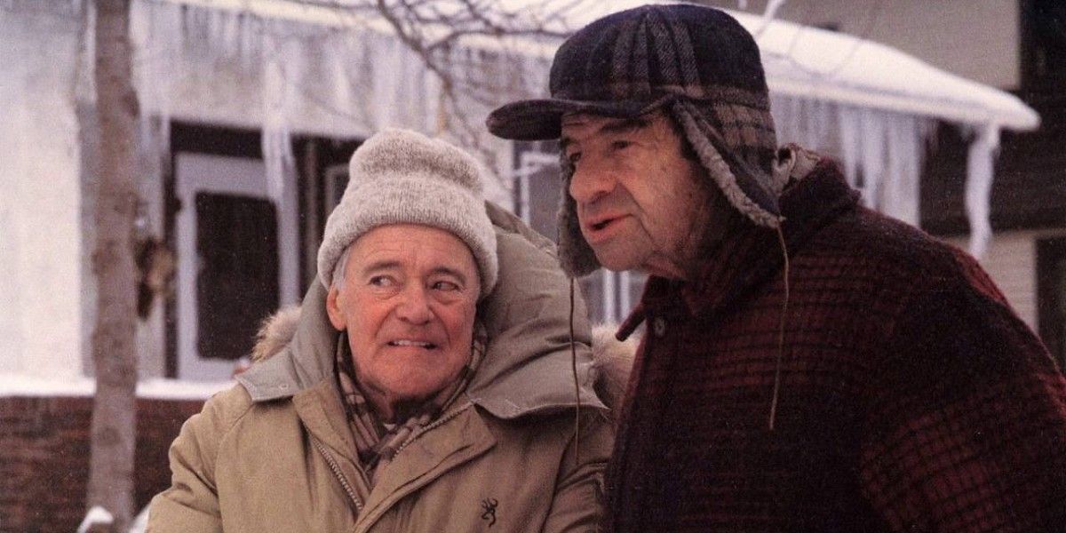 Two older men stand outside in Grumpy Old Men.