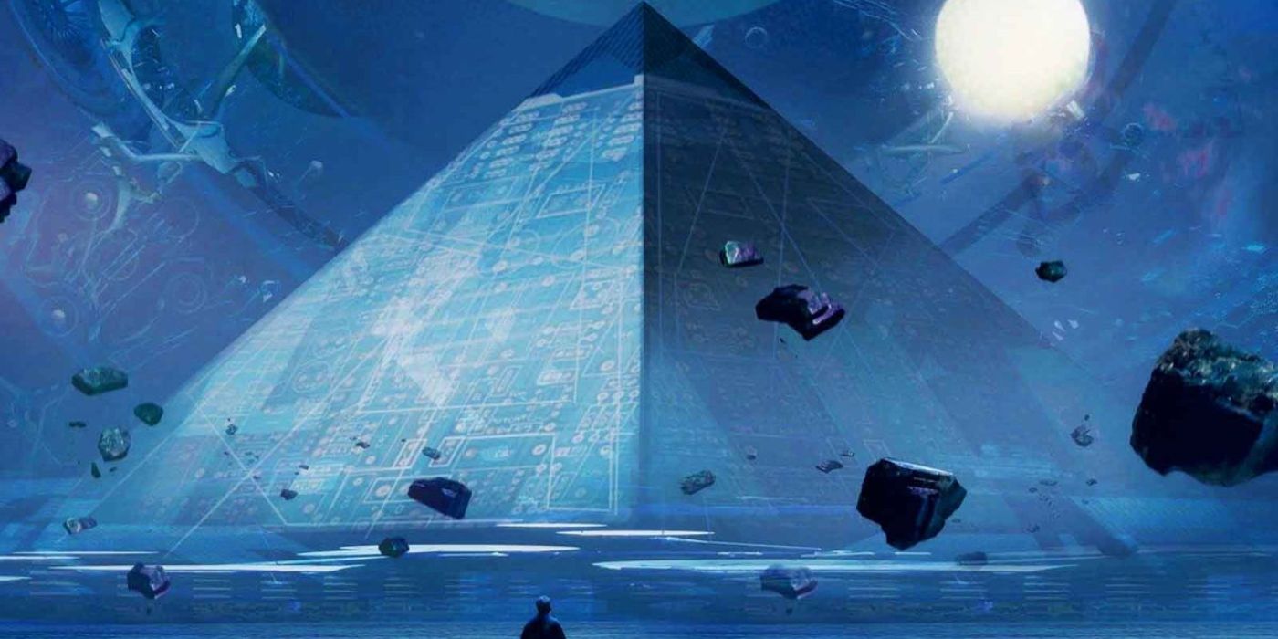 Pyramid with stones floating around on the cover of The Three-Body Problem.