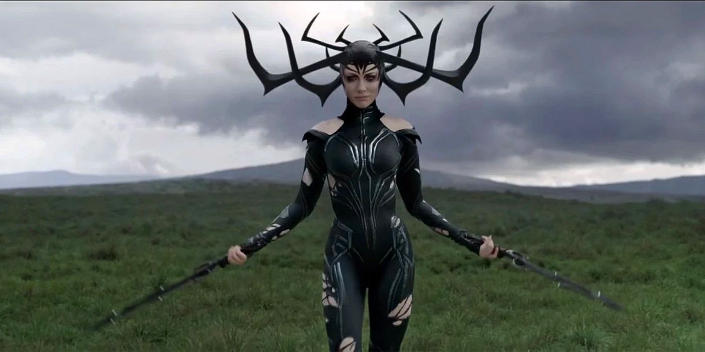Hela walks through an open field in Thor Ragnarok