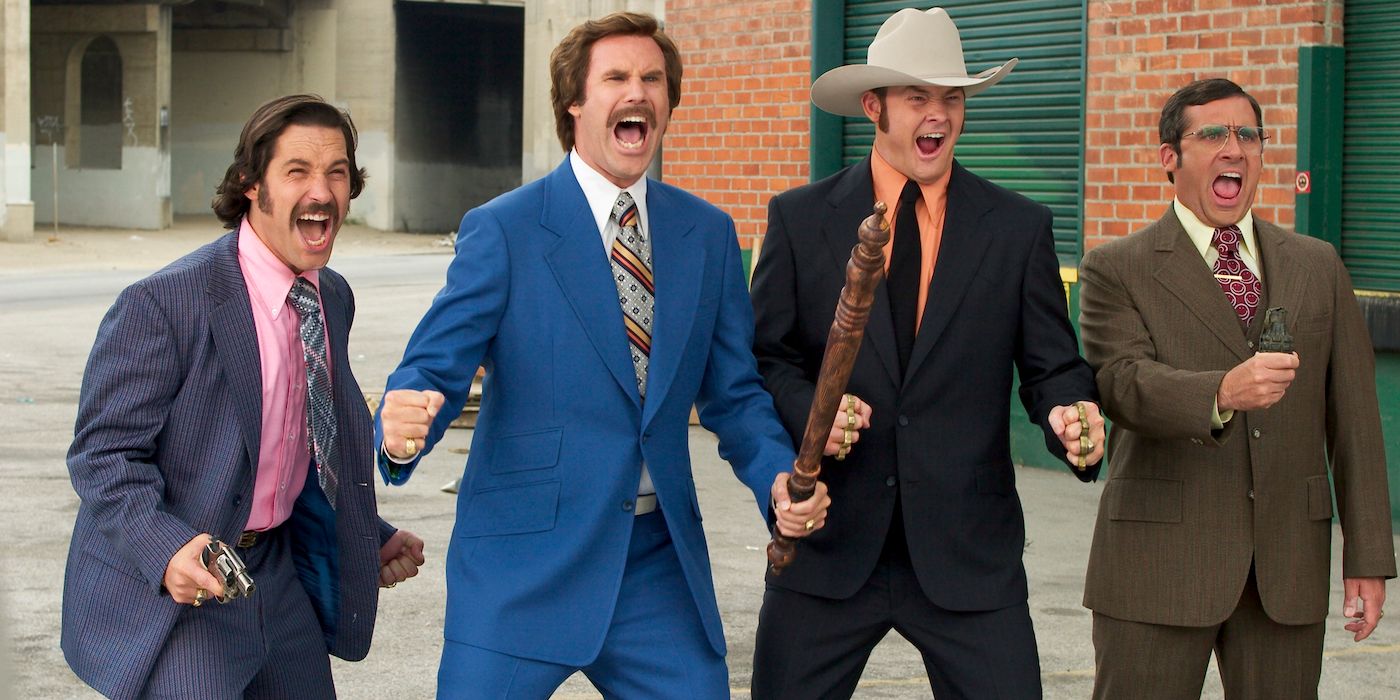 Paul Rudd, Will Ferrell, David Koechner and Steve Carell in Anchorman: The Legend of Ron Burgundy