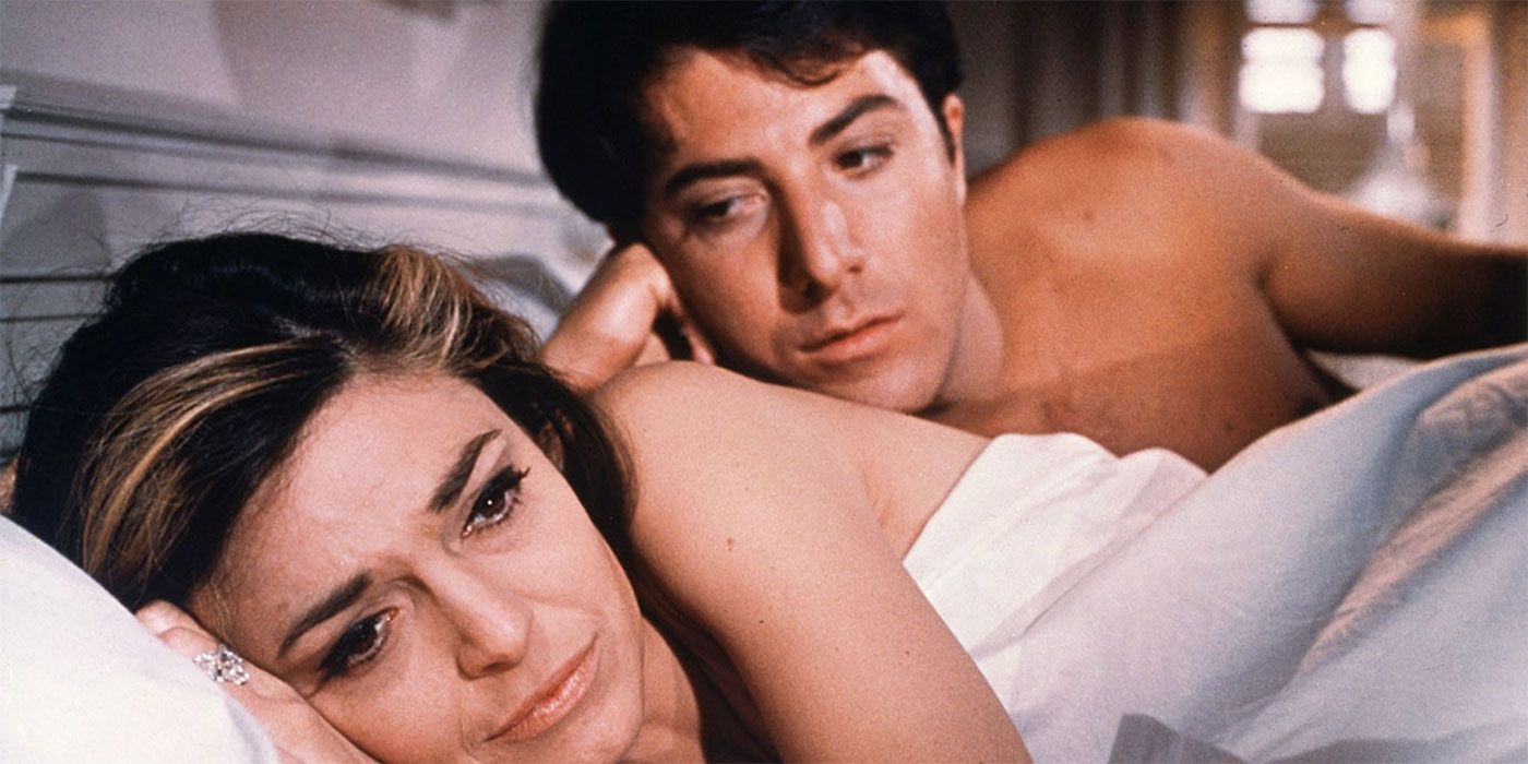 Anne Bancroft and Dustin Hoffman as Mrs Robinson and Benjamin in bed together in The Graduate