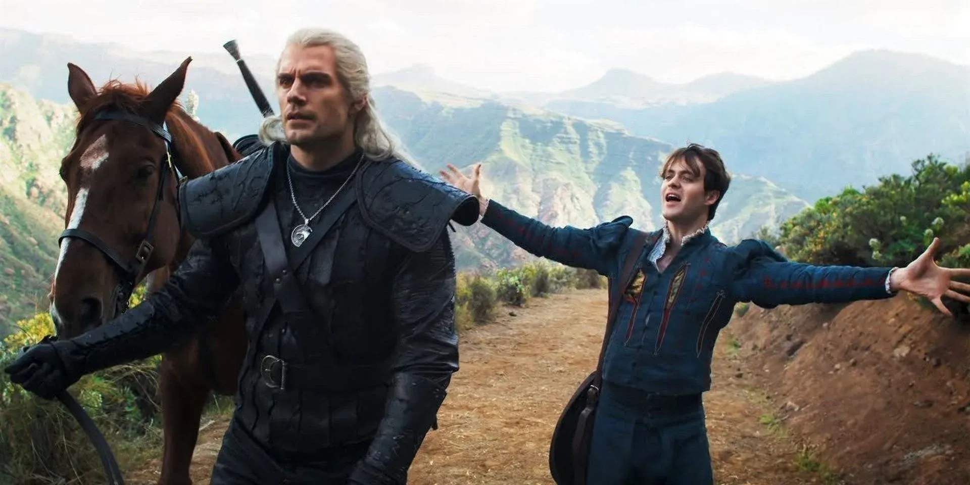 Henry Cavill as Geralt and Joey Batey as Buttercup in The Witcher