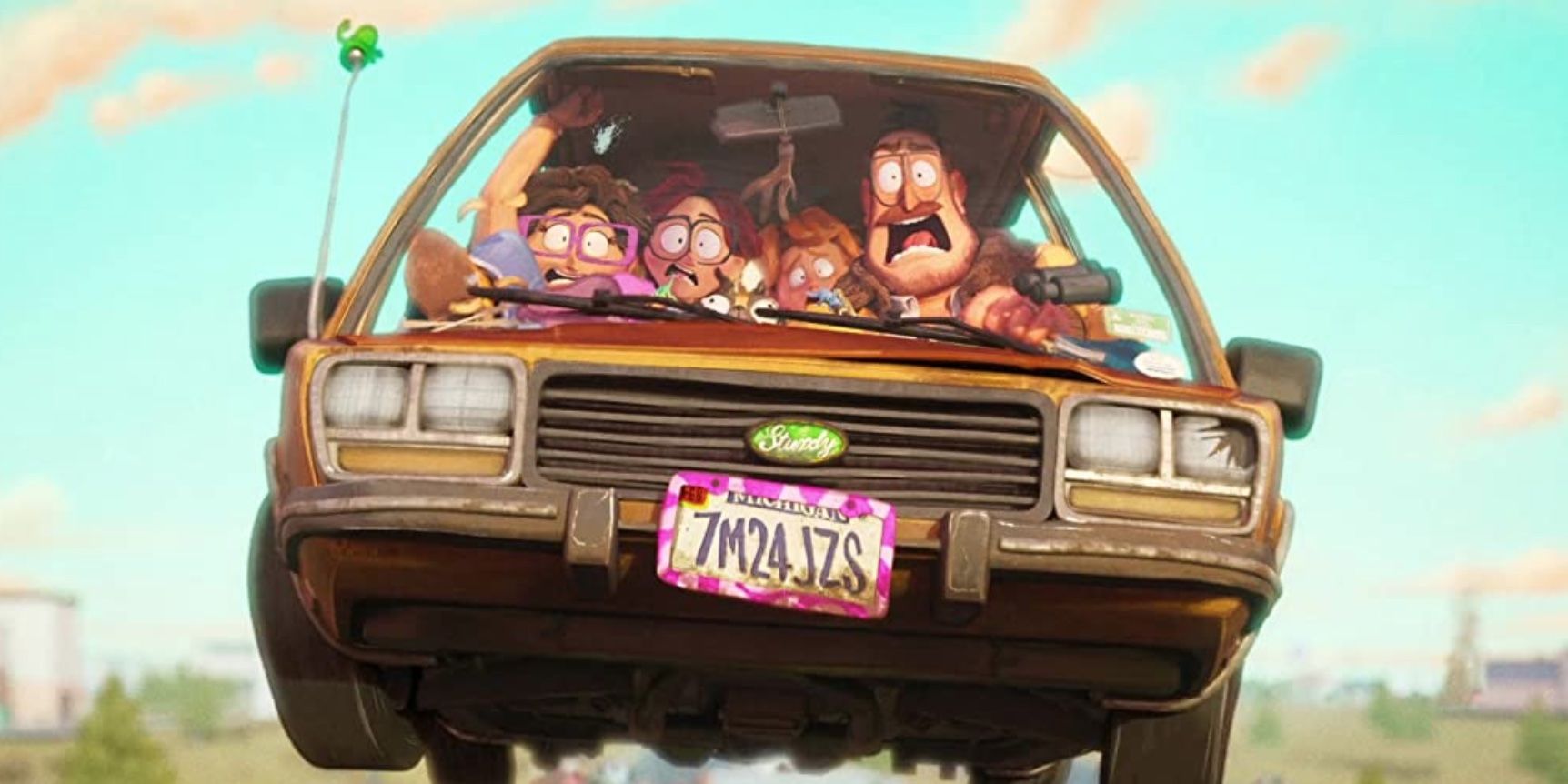 The main characters of The Mitchells vs. the Machines are screaming in the car.
