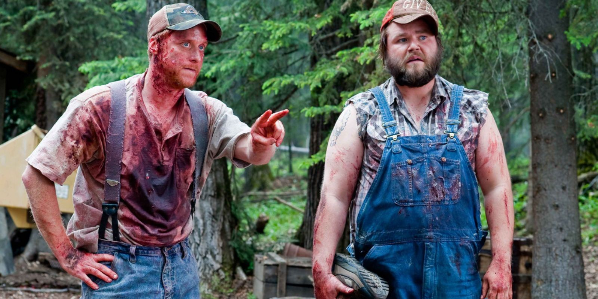 Tucker and Dale confront college kids who believe they killed their friend in Tucker and Dale vs. Evil.