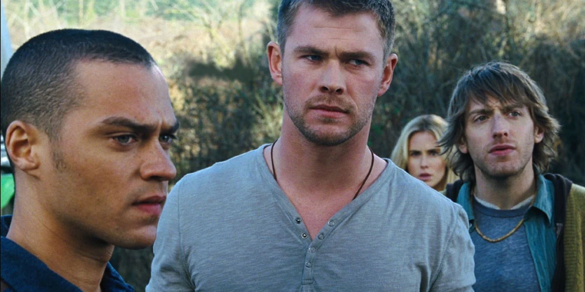 Chris Hemsworth with his group of college friends at The Cabin in the Woods.