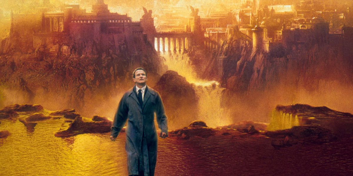 Robin Williams walks through a fantasy landscape in What Dreams May Come 