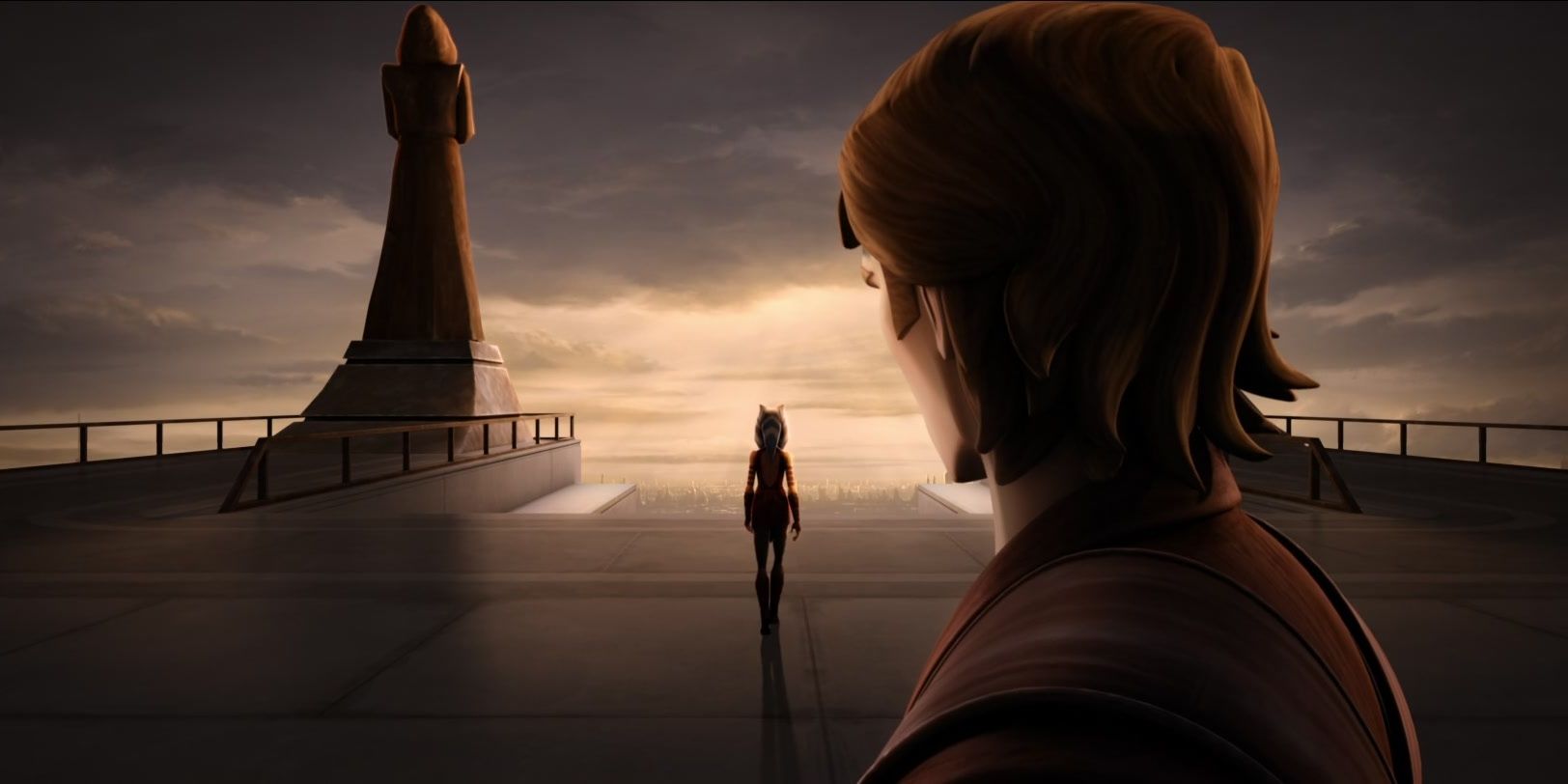 Ahsoka Tano, with her back to Anakin, leaves the Jedi Order to face the sun.