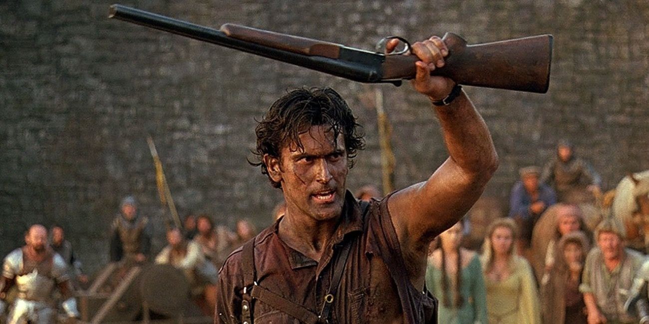 Ash Williams shows off a shotgun to an unexpected kingdom 