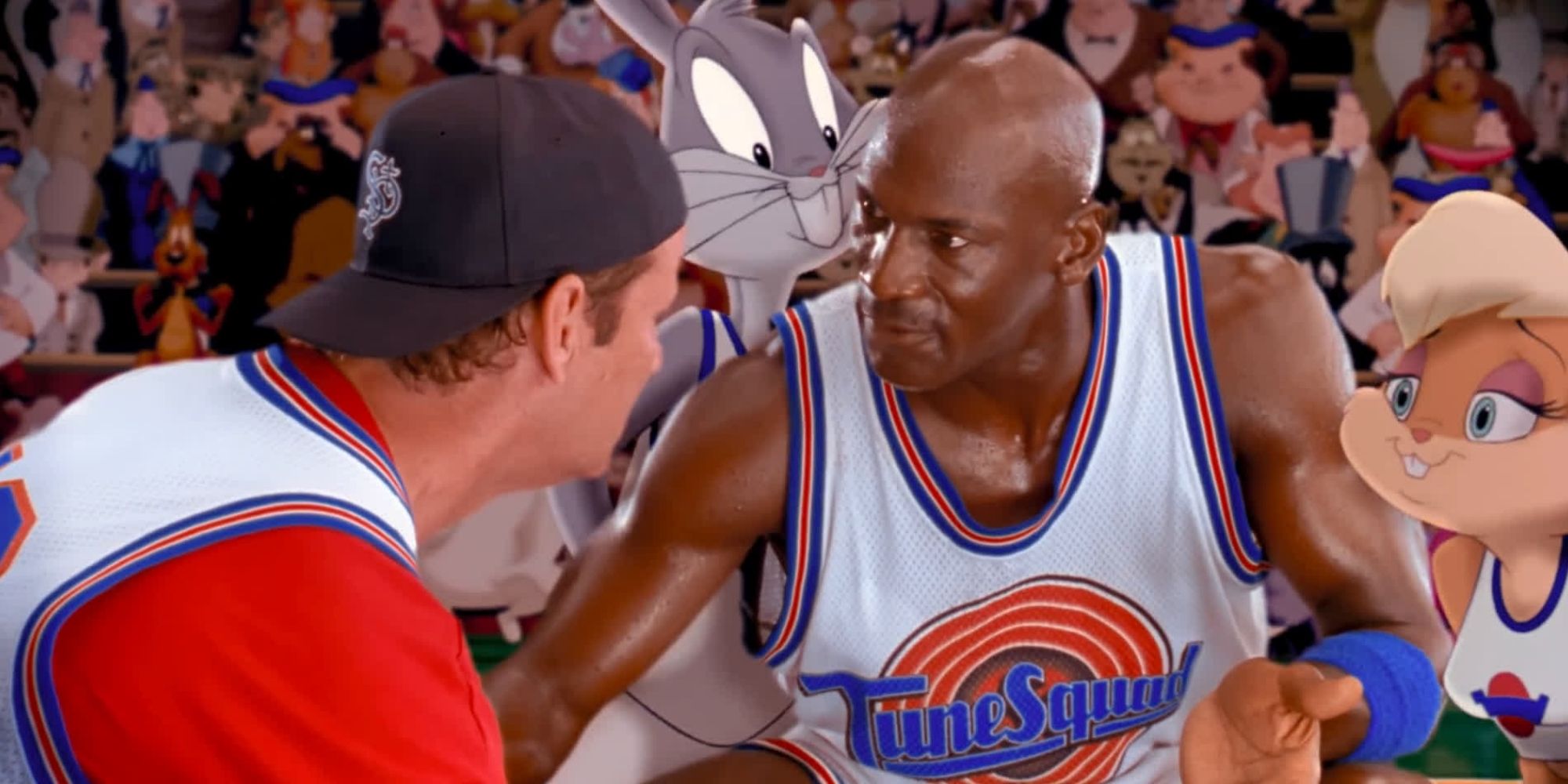 Bill Murray, Bugs Bunny, Michael Jordan and Lola Bunny discuss strategy in Space Jam (1996)