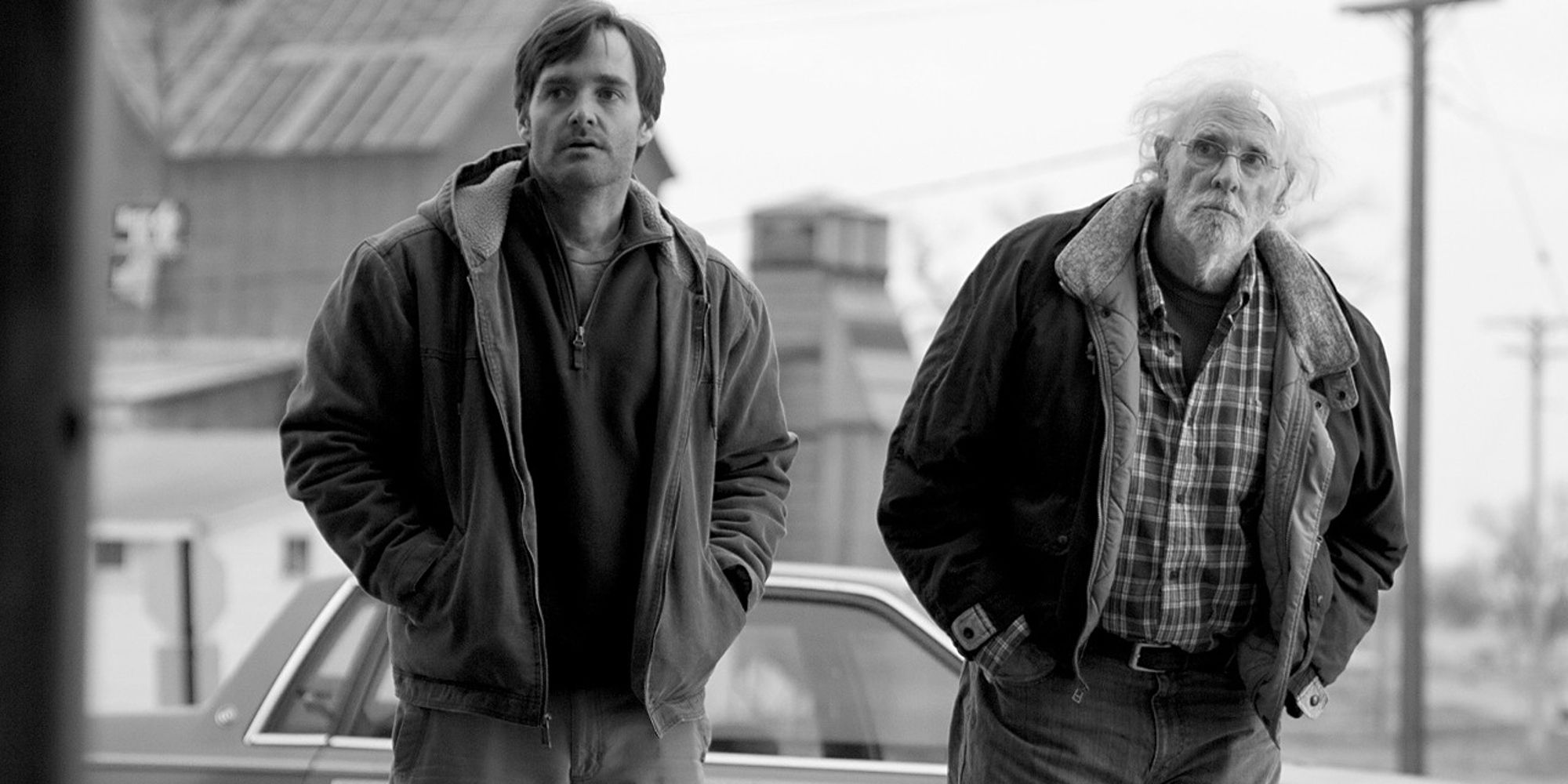 David and Woody Grant stand outside their house looking in the same direction in Nebraska.