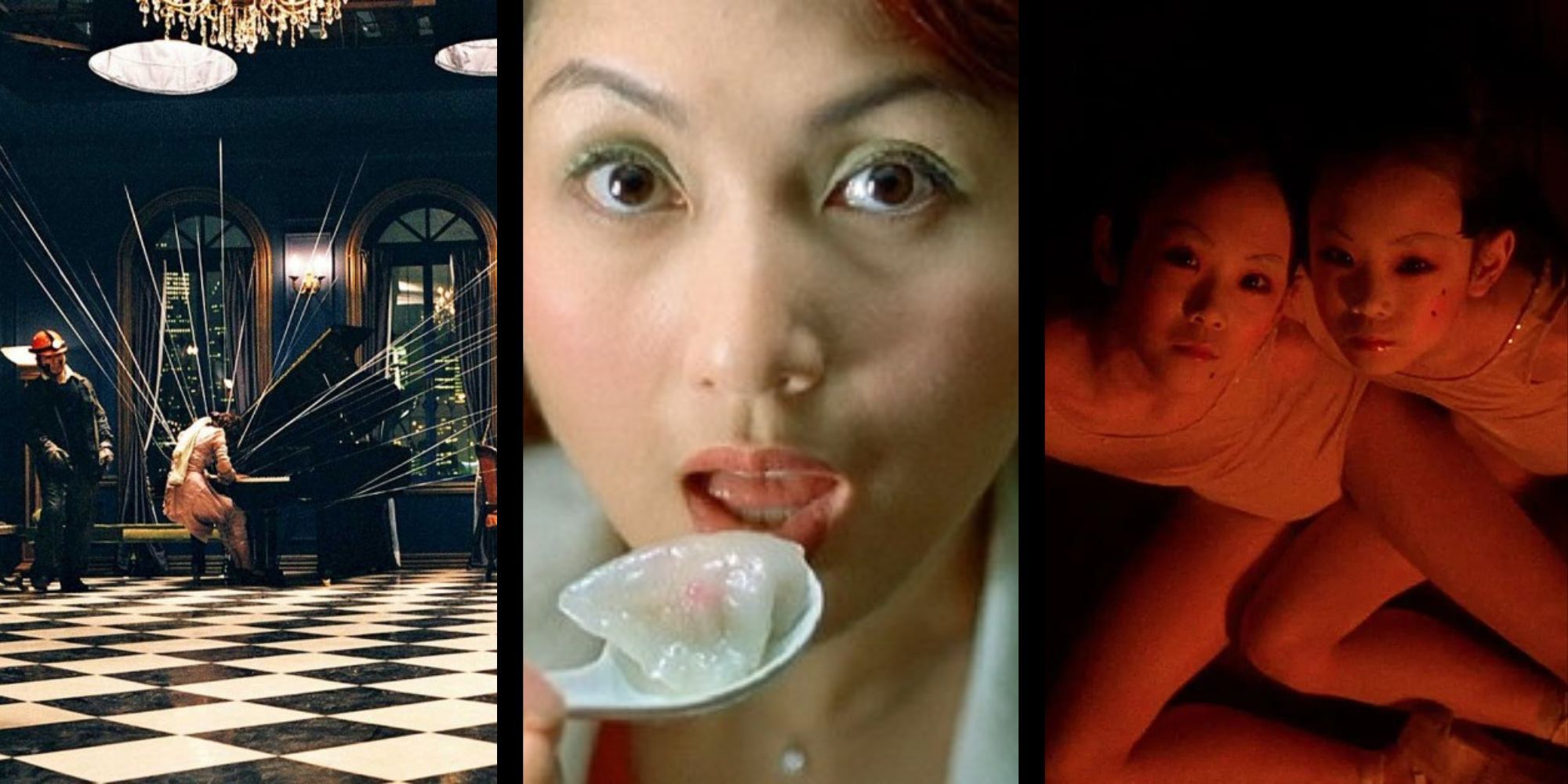 A collage of a woman playing the piano with metal strings, a woman almost eating a dumpling, and a pair of Siamese twins.