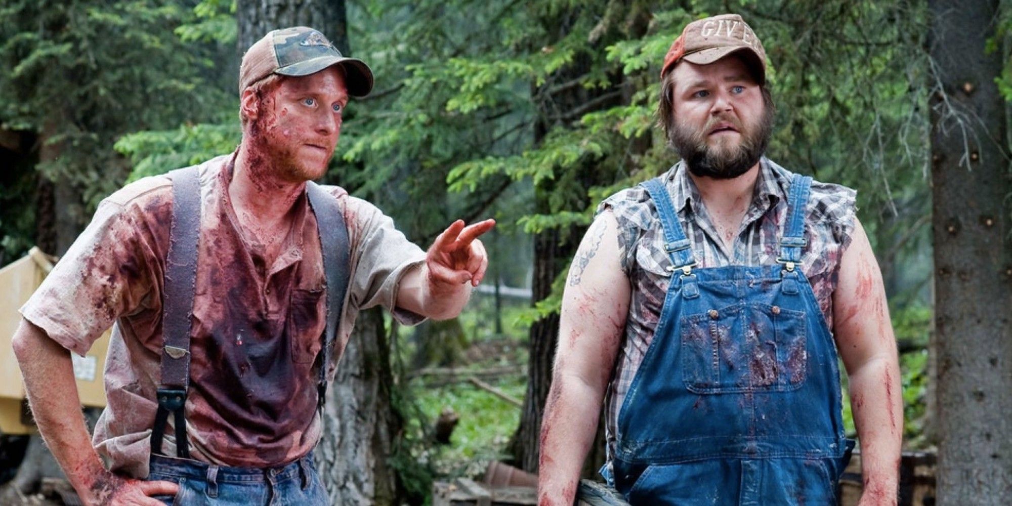 Tucker and Dale vs. evil characters Tyler Lubin and Alan Tudyk with blood in their clothes