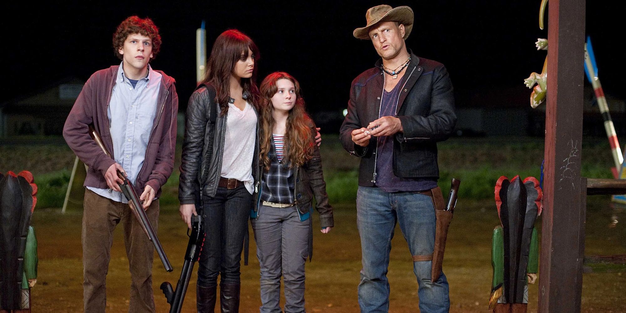 Jesse Eisenberg, Emma Stone, Abigail Breslin and Woody Harrelson as Columbus, Wichita, Little Rock and Tallahassee in Zombieland