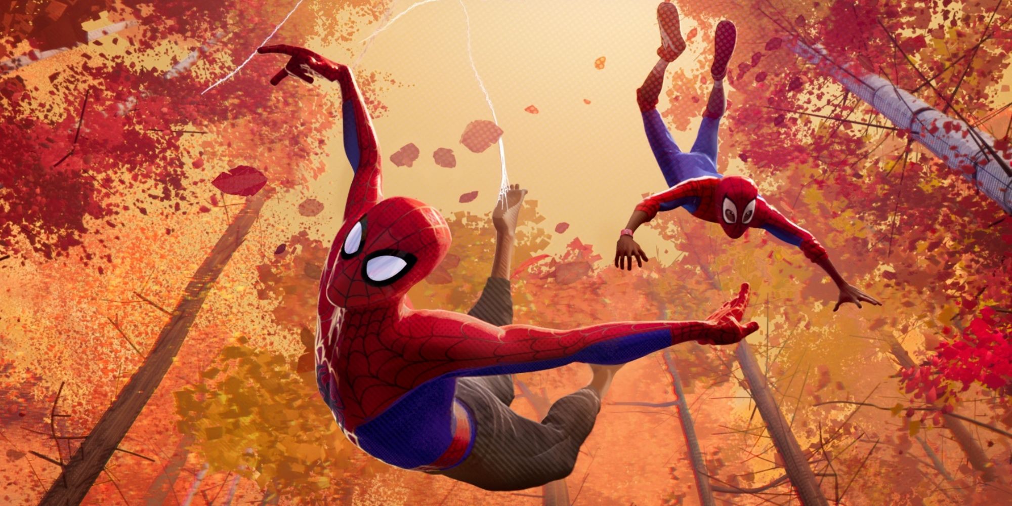 Peter B. Parker and Miles Morales swing through the woods in Spider-Man: Into the Spider-Verse.