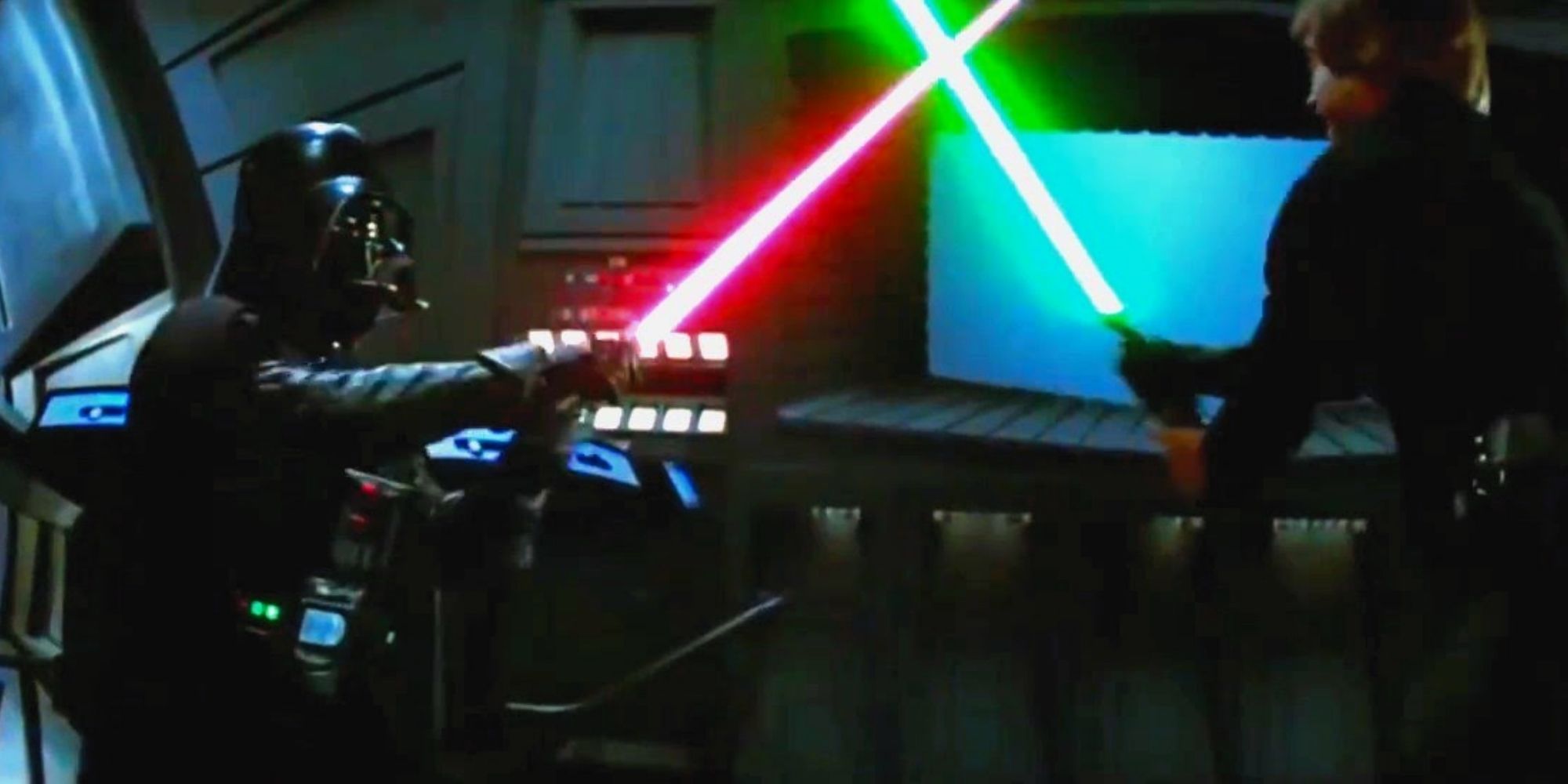 Luke Skywalker and Darth Vader duel on the Death Star in Star Wars: Episode VI - Return of the Jedi