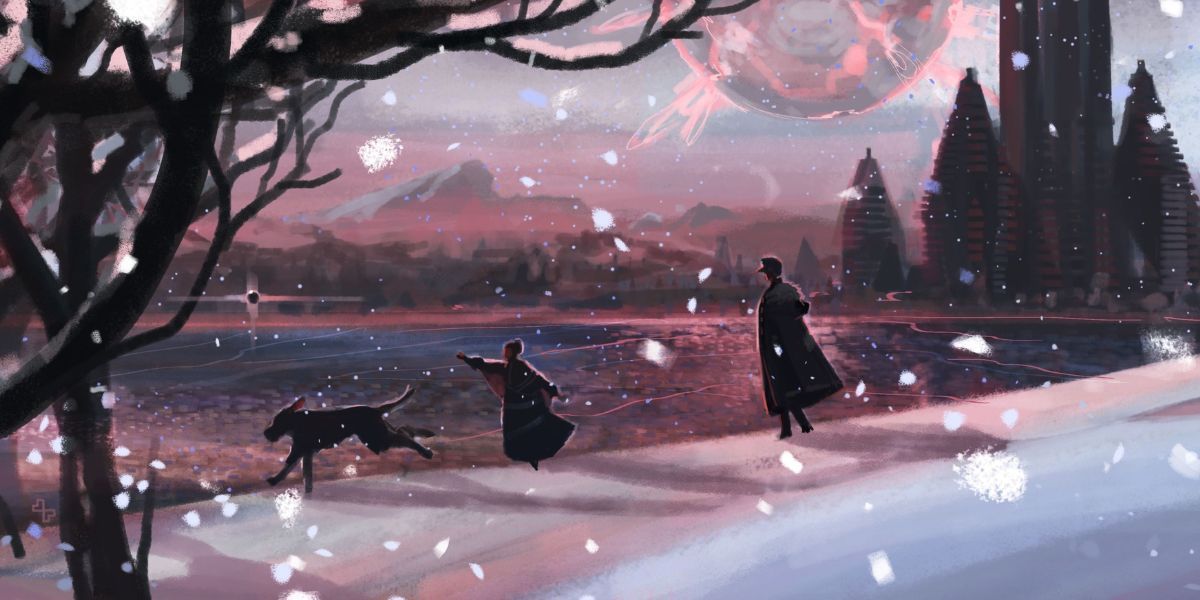 A piece of concept art from the Zack Snyder film Rebel Moon depicting a snowy landscape.