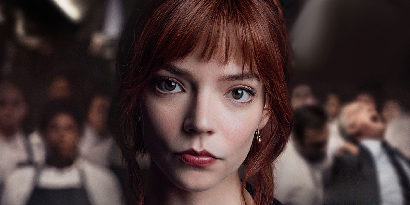 A poster for The Menu showing Anya Taylor-Joy looking at the camera in front of people.