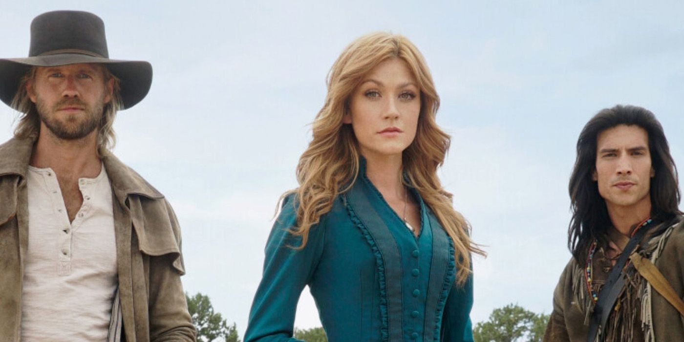 Matt Barr as Hoyt Rawlins, Katherine McNamara as Abby Walker and Juston Johnson Cortez as Qalian in a promotional image for Walker: Independence. 