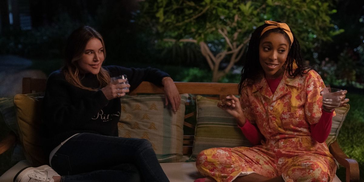 Christa Miller and Jessica Williams have a drink and sit on a bench in Shrink
