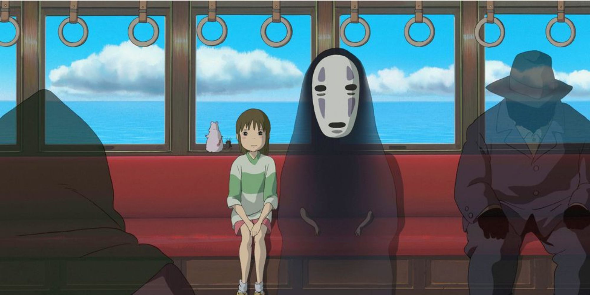 Chihiro and Faceless are waiting on the train in Spirited Away.