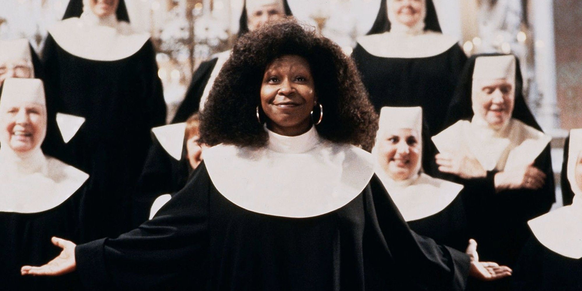 Sister Mary Clarence with the monks' choir behind her in Sister Act.