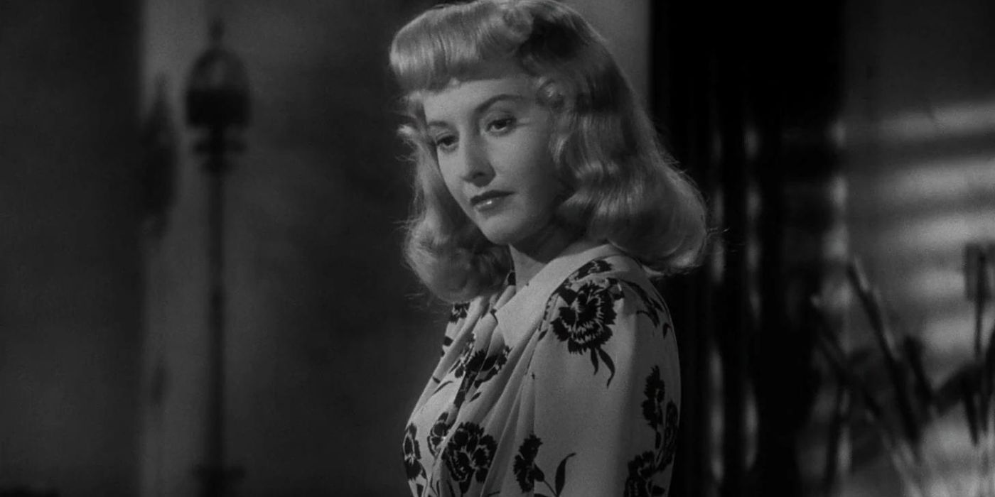 Phyllis Dietrichson stares at something off-screen in Double Indemnity.