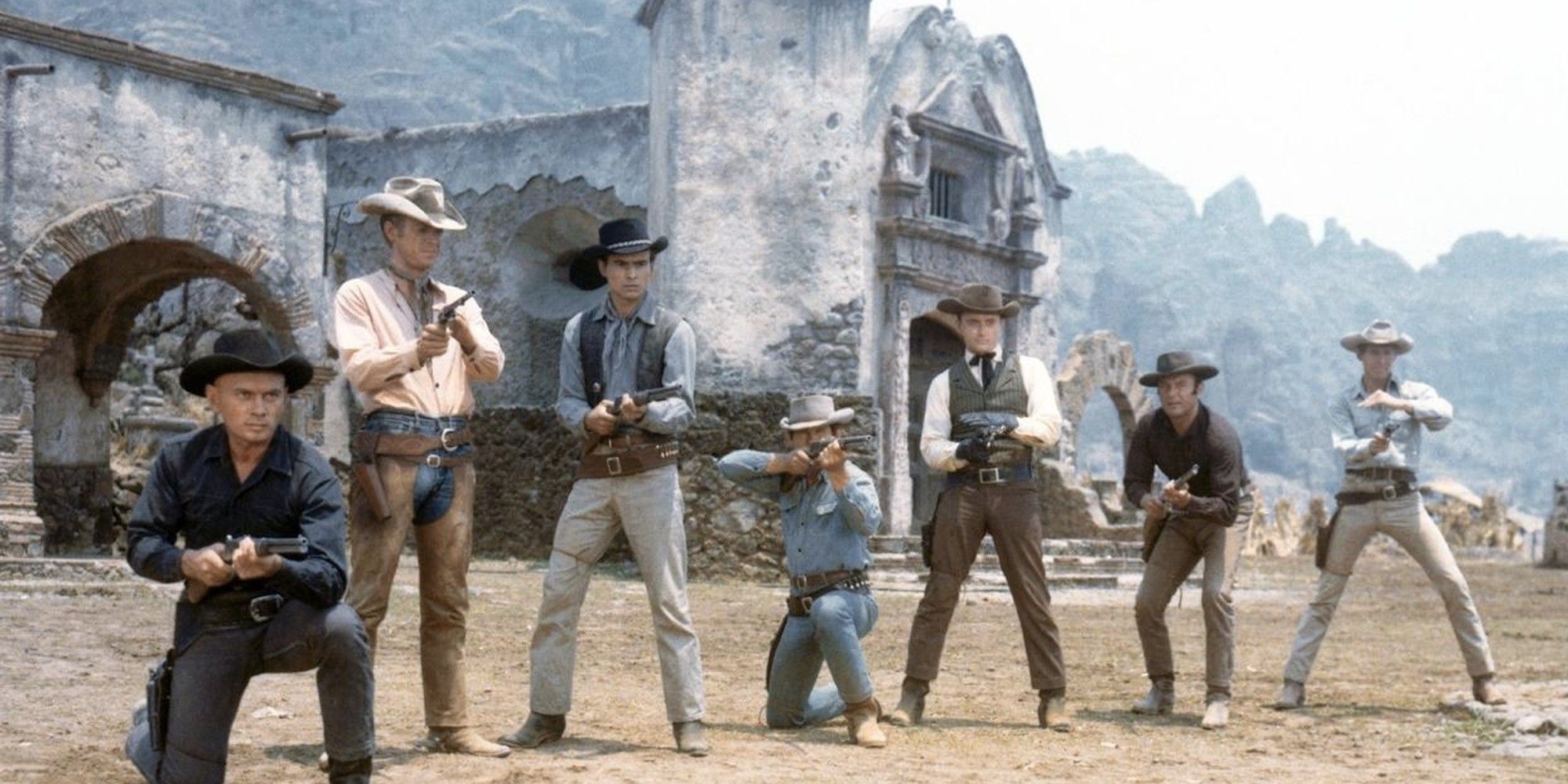 Charles Bronson, James Coburn, Steve McQueen, Yul Brynner, Robert Vaughn, Horst Buchholz and Brad Dexter in The Magnificent Seven (1960)