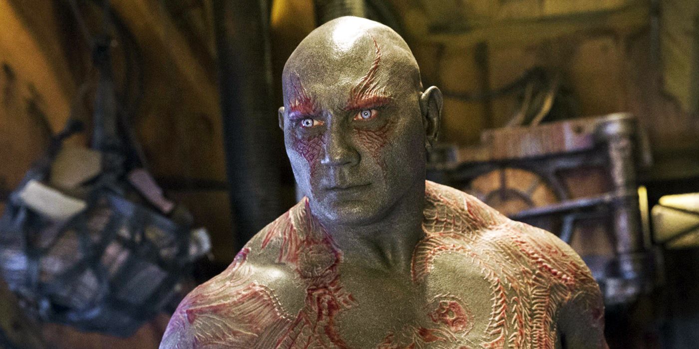 Drax stares at something off-screen in the 2014 film Guardians of the Galaxy.