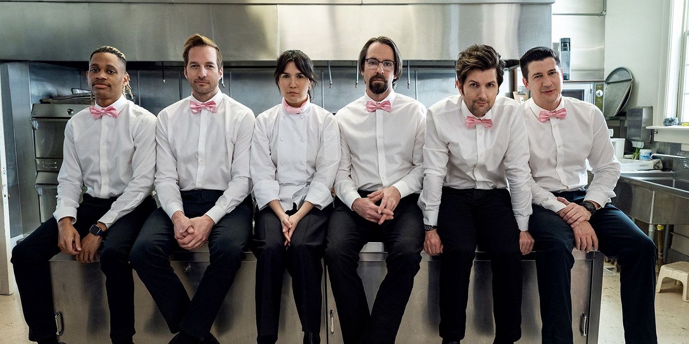 party-down-revival Tyrel Jackson Williams, Martin Starr, Zoe Chao, Ryan Hansen, Ken Marino and Adam Scott at Party Down Season 3