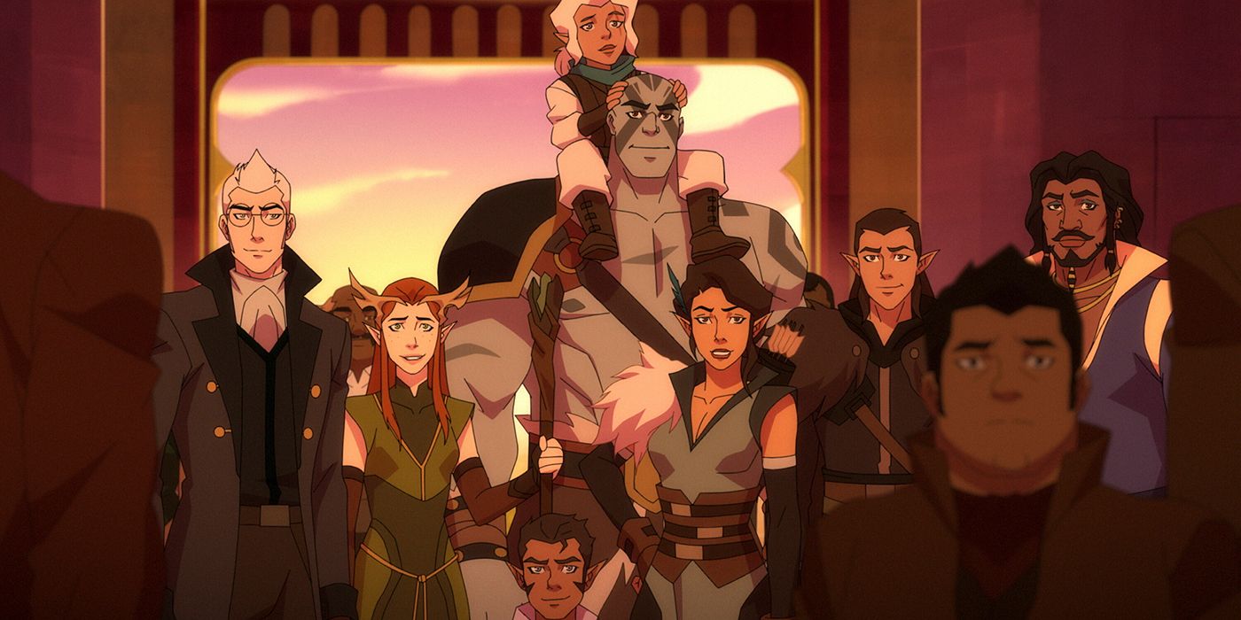 The Legend of Vox Machina group in Season 2, which includes Kaylet, Vex, Wax, Scanlan, Grog, Percy, and Pike.
