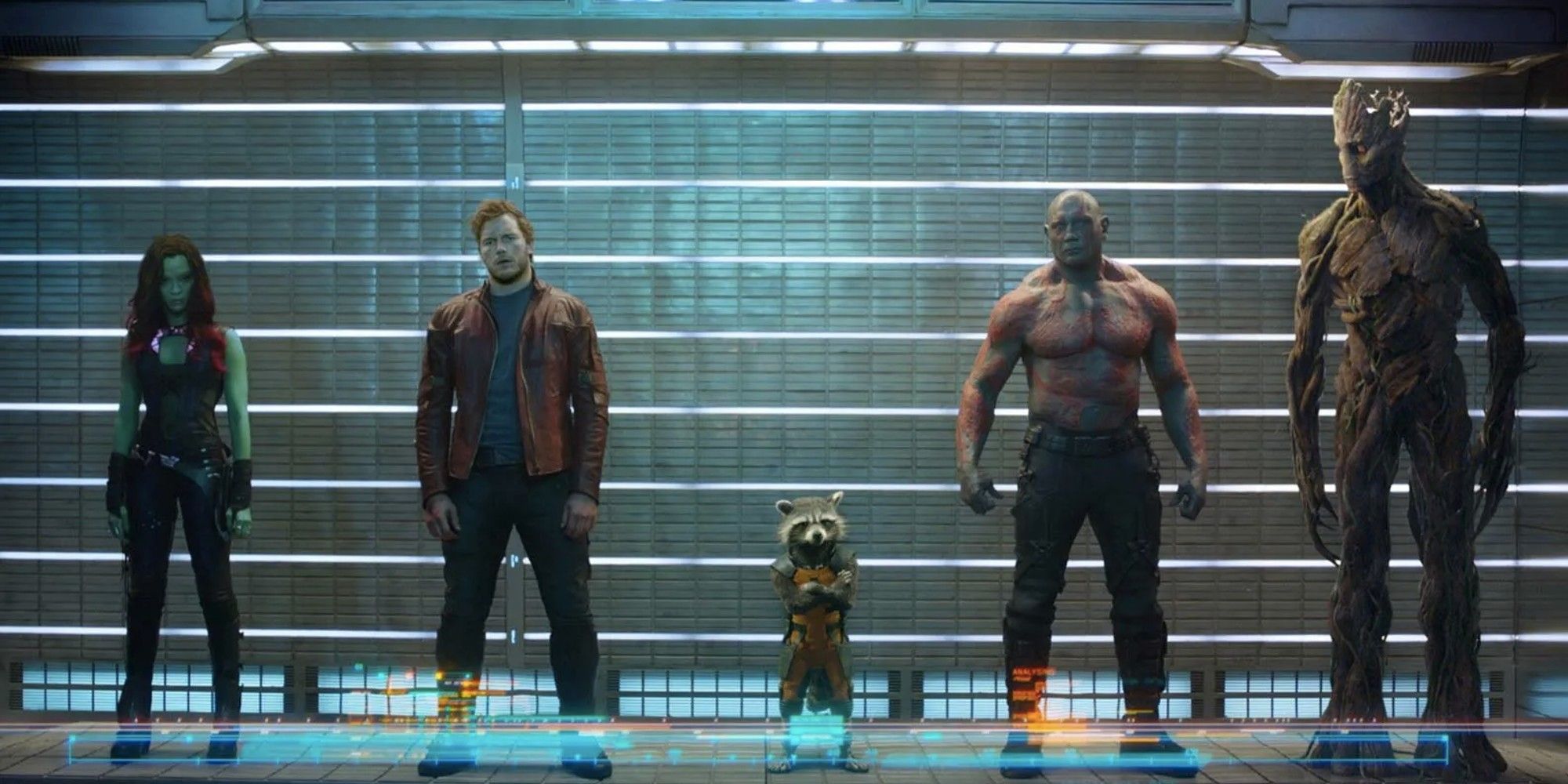 Zoe Saldana, Chris Pratt, Bradley Cooper, Dave Bautista and Vin Diesel in Guardians of the Galaxy