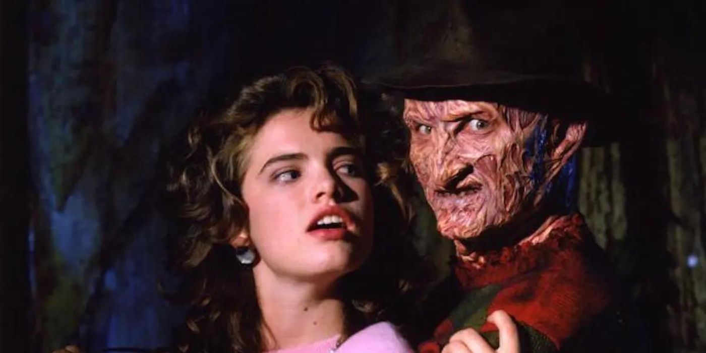 Robert Englund's Freddie is held by Heather Langenkamp's Nancy Thompson in A Nightmare on Elm Street 3: Dream Warriors