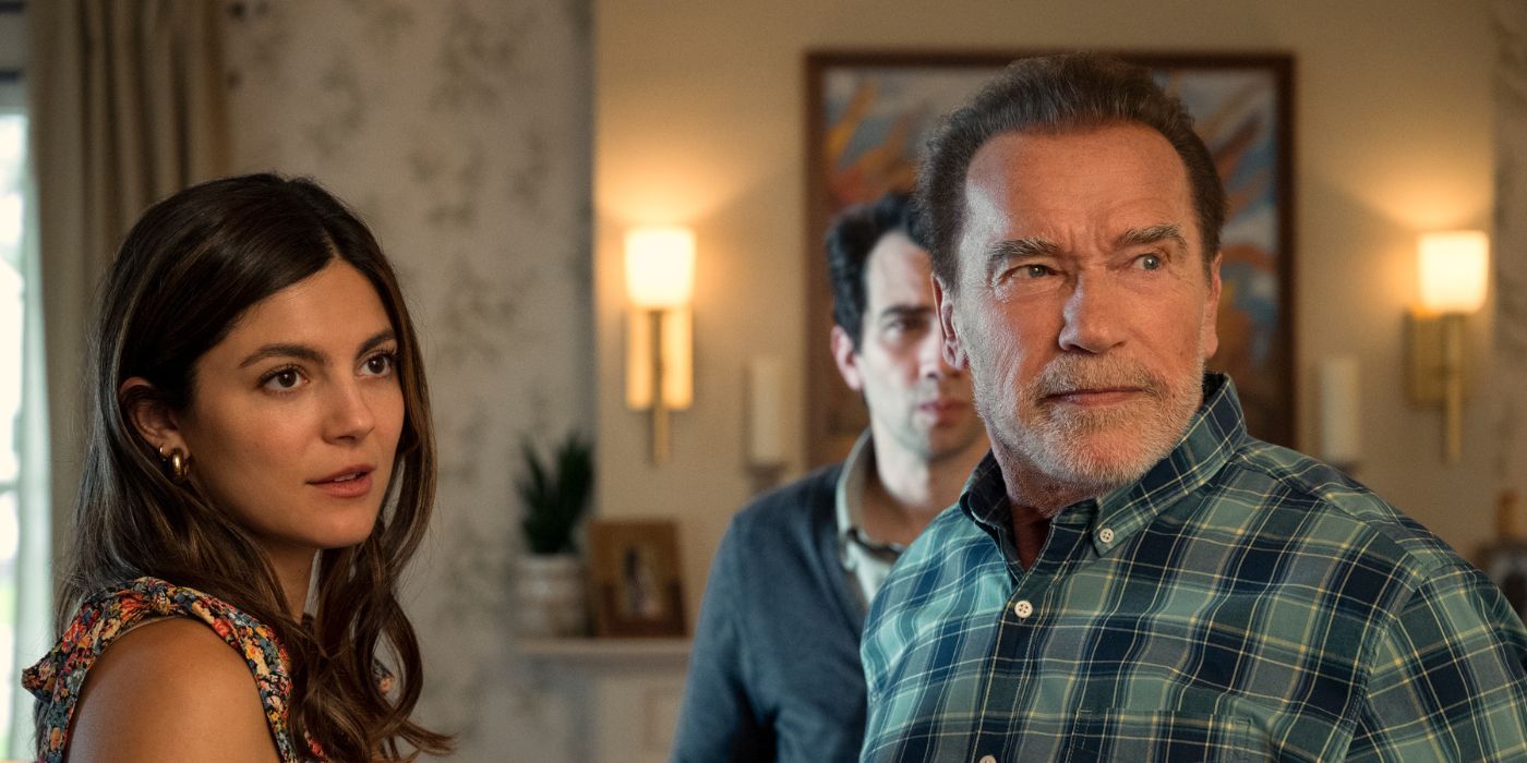 Arnold Schwarzenegger, Monica Barbaro and Jay Baruchel as Luke, Emma and Carter in FUBAR
