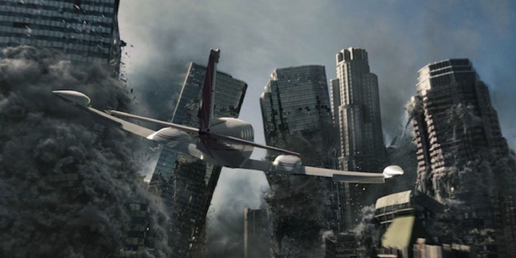 An airplane flies through collapsing buildings in 2012.