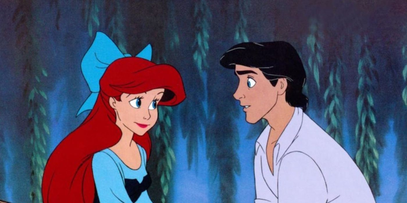Ariel and Eric sit in a boat and look into each other's eyes during the Kiss the Girl scene in The Little Mermaid, 1989.