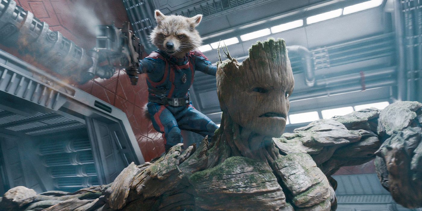 Vin Diesel as Groot and Bradley Cooper as Rocket in Guardians of the Galaxy Vol.  3