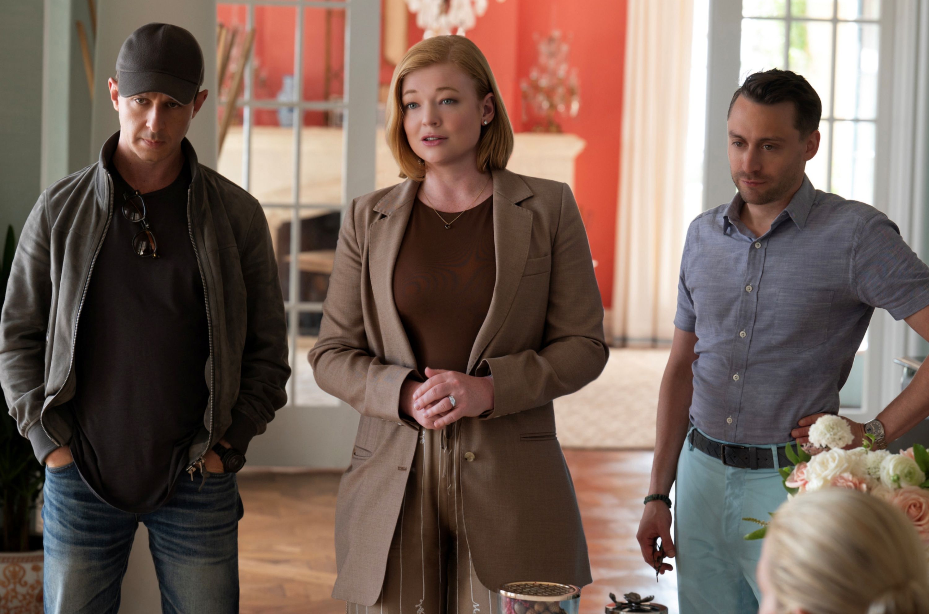 Sarah Snook as Shiv Roy, Kieran Culkin as Roman Roy and Jeremy Strong as Kendall Roy in Descendants Season 4