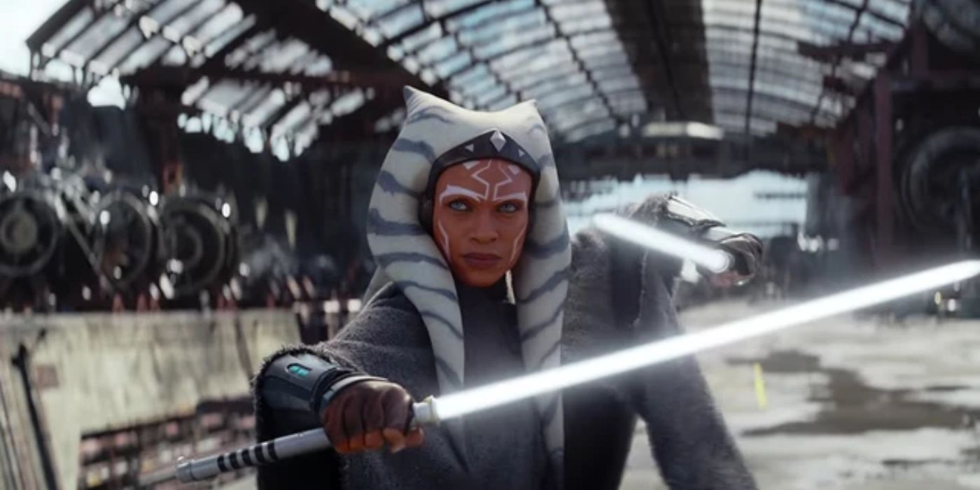 Rosario Dawson as Ahsoka wielding a lightsaber in Ahsoka's trailer