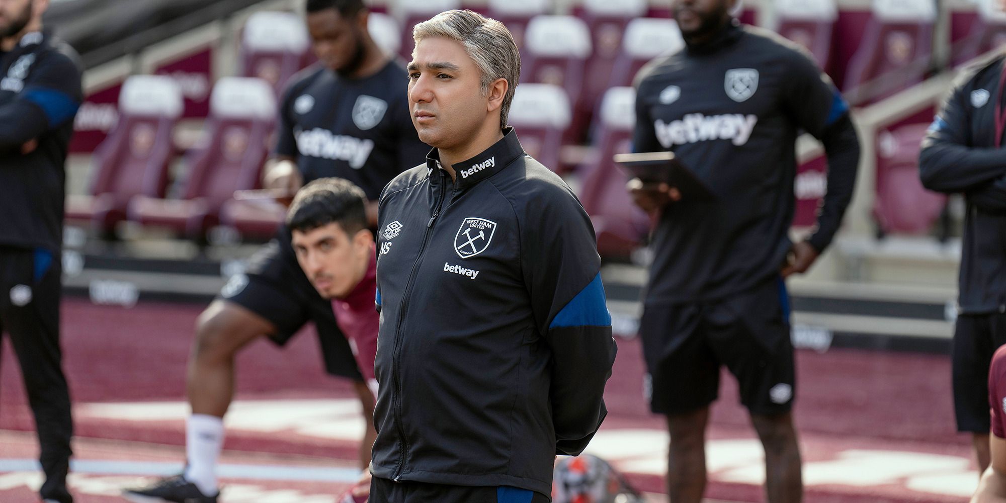 Nick Mohammed as Nate in Ted Lasso, training with the West Ham team.