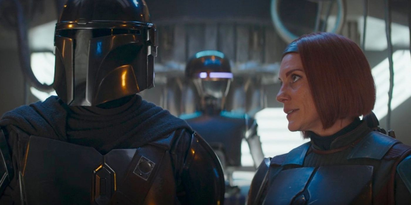 Bo-Katan and Din Djarin in The Mandalorian Season 3 Episode 6