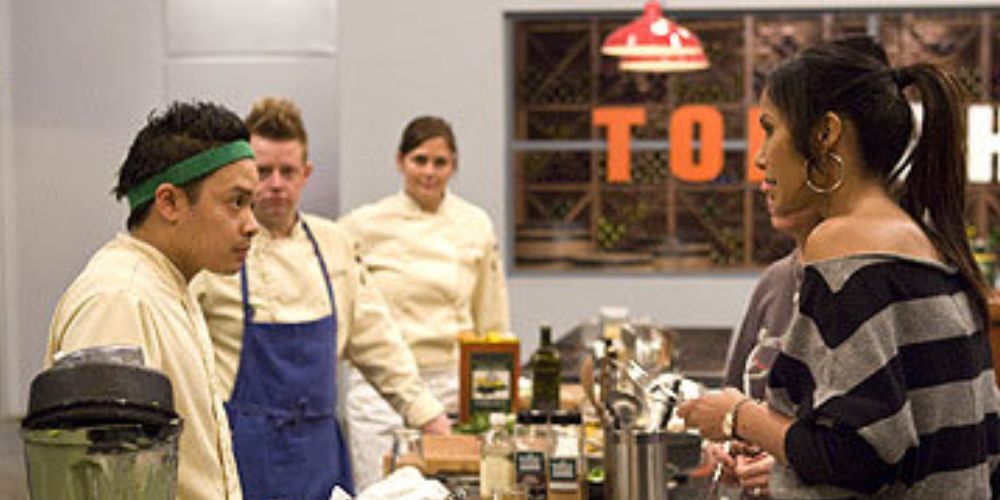 Padma Lakshmi talks to chefs about their dishes during the Quickfire trial.