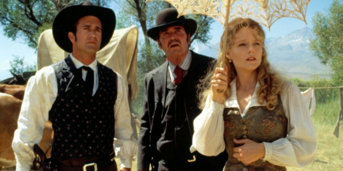 Mel Gibson as Bret Maverick, James Garner as Zane Cooper and Joday Foster as Annabelle Bransford in Maverick 1994.