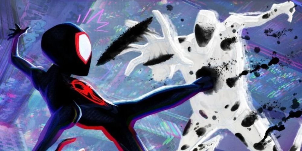 Miles Morales fights The Blur in Spider-Man: Into the Spider-Verse.