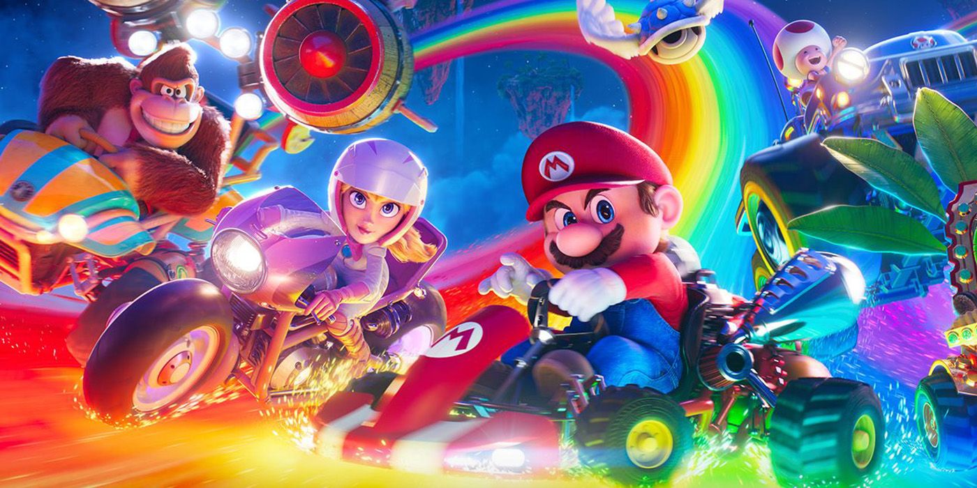 Peach Mario and Donkey Kong on the Rainbow Road in Super Mario Bros.