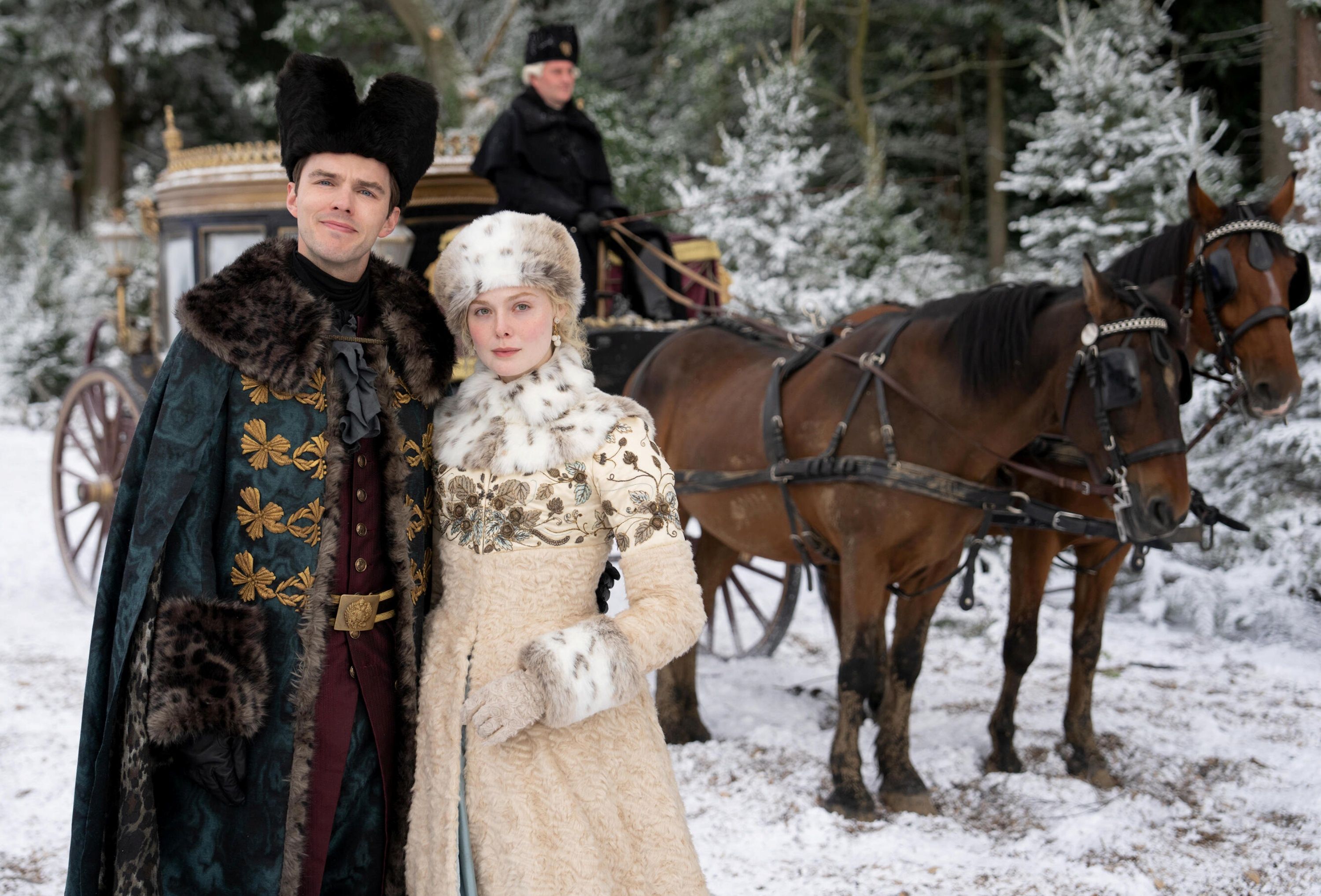 Elle Fanning as Katherine and Nicholas Hoult as Peter in the third season of The Great One.