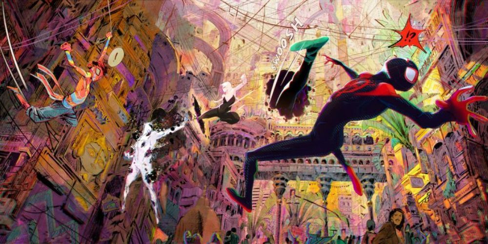 Miles Morales, Spider-Gwen and Spider-Man India fight The Blur in Spider-Man: Into the Spider-Verse.