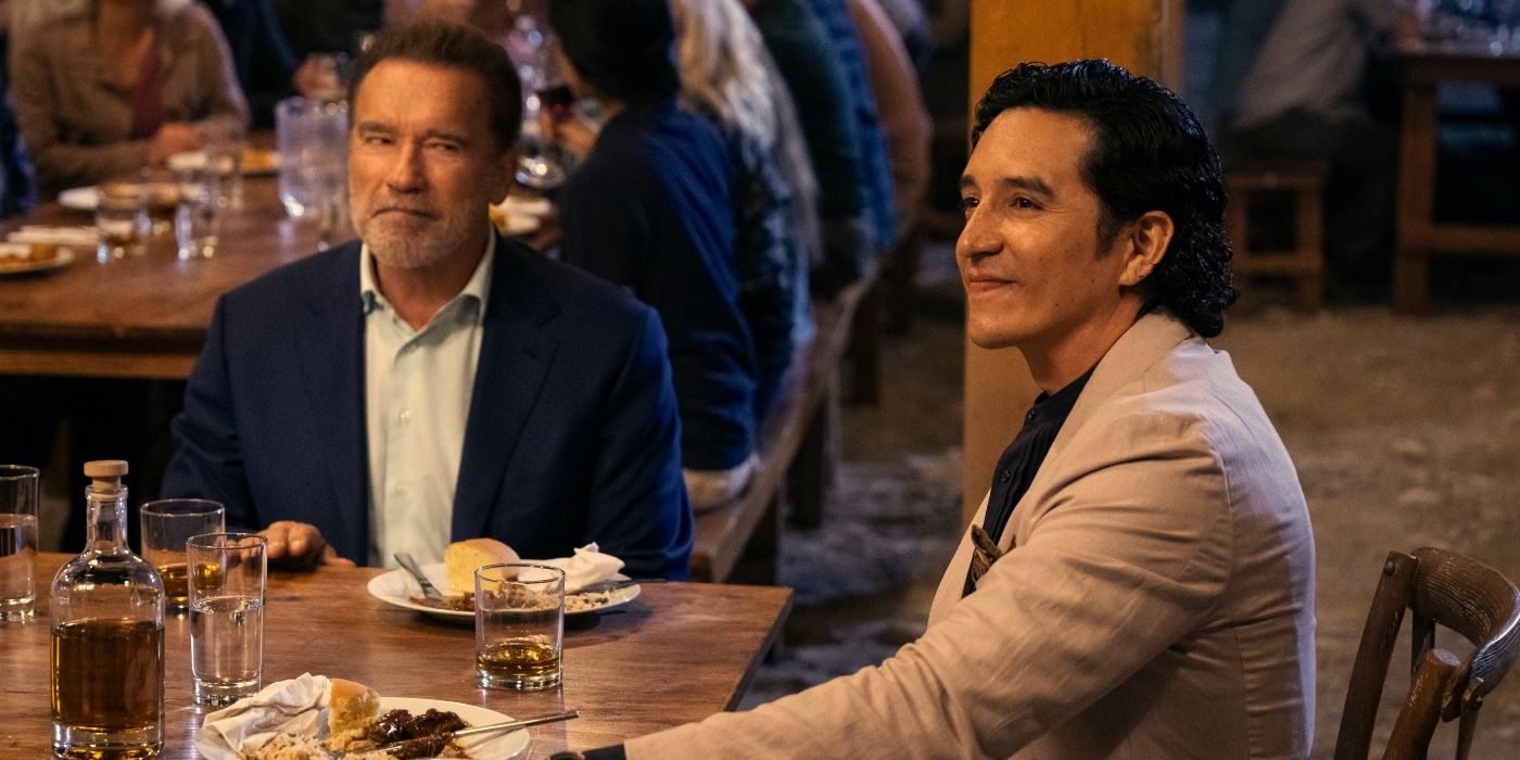 Arnold Schwarzenegger as Luke and Gabrielle Luna as Boro in FUBAR.