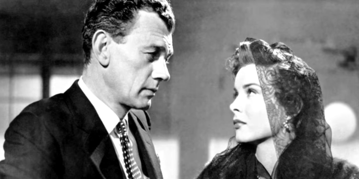 Joseph Cotten and Jean Peters look at each other in Plan to Kill (1953)