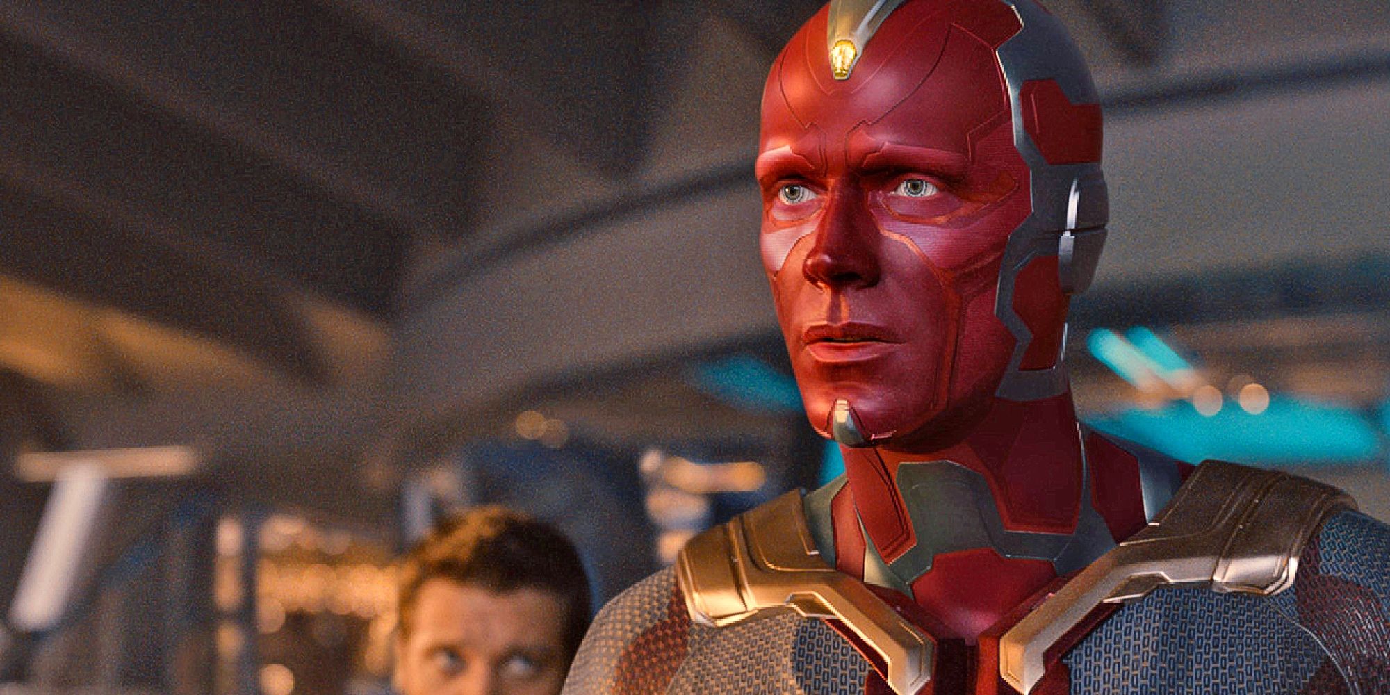 Paul Bettany as Vision gazing at the camera in Avengers: Age of Ultron. 