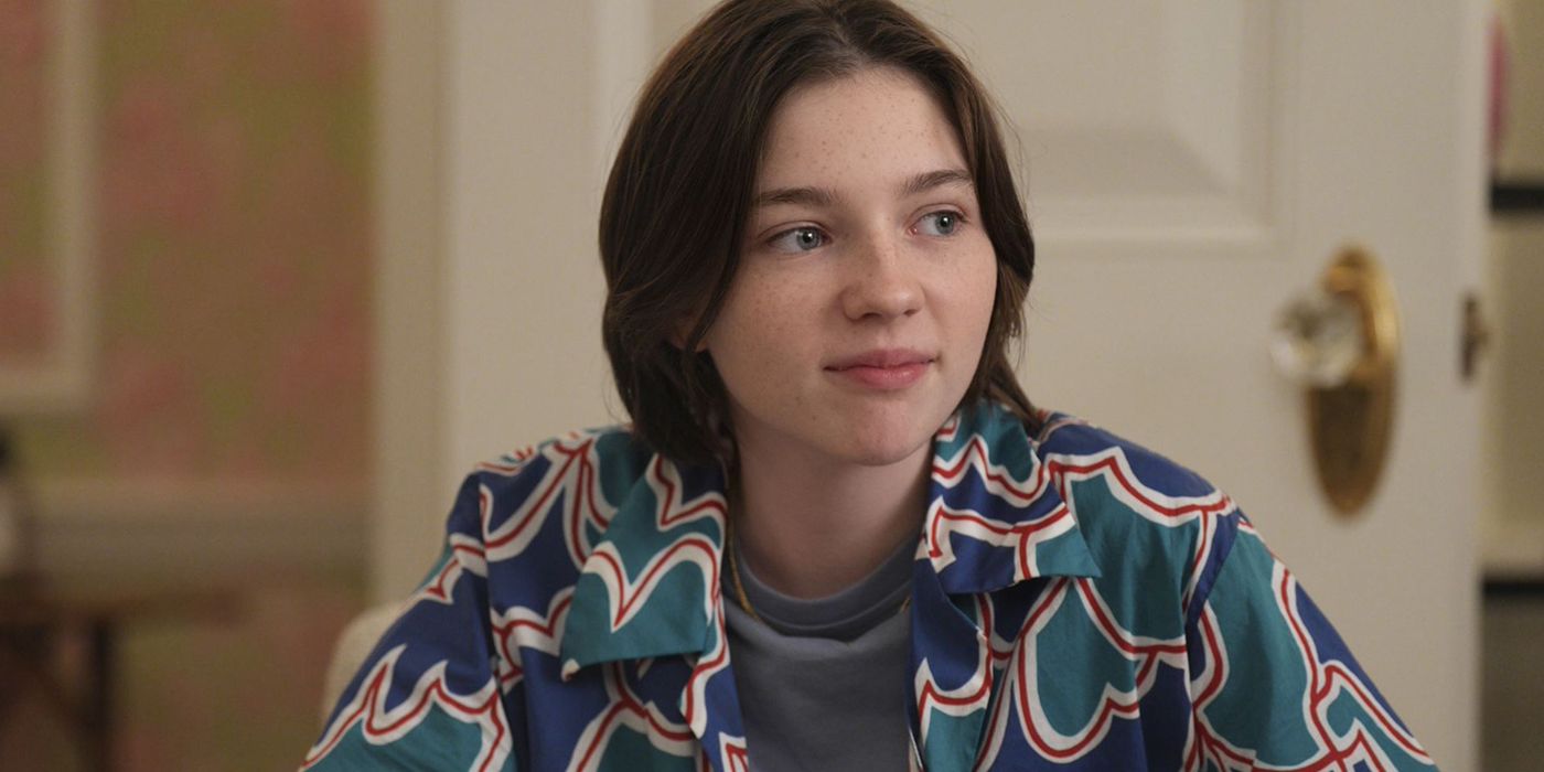 Close-up of Rose (Rock) from And Just Like That wearing a brightly colored button-down shirt.